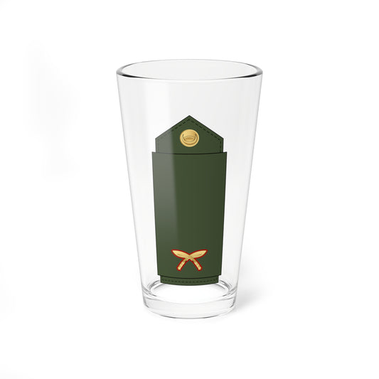 Dark green shoulder board with a gold crescent button at the top and red-outlined gold crossed swords at the base.