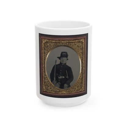 Unidentified Soldier In Union Frock Coat And Hardee Hat With Model 1860 Light Cavalry Saber And Colt Army Model 1860  Revolver (U.S. Civil War) White Coffee Mug