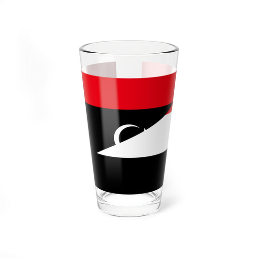 Flag-style red, white and black bands split diagonally, with a white crescent on black and a green corner triangle.
