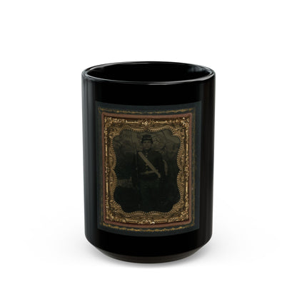 Unidentified Soldier In Union Uniform With Bayoneted Musket In Front Of Painted Backdrop Showing Trees (U.S. Civil War) Black Coffee Mug