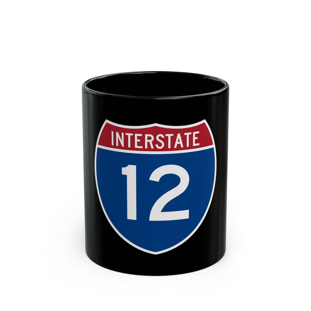 Blue and red US Interstate highway shield reading INTERSTATE above the white route number 12.