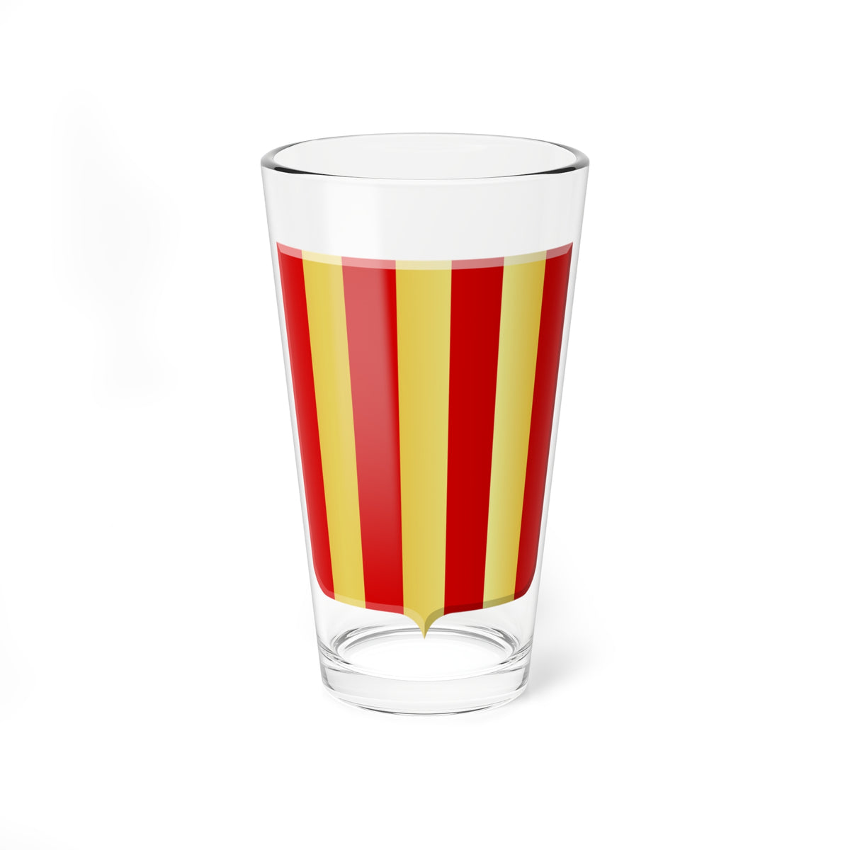 Heraldic shield divided into four red and three gold vertical stripes in a bold flat vector style.