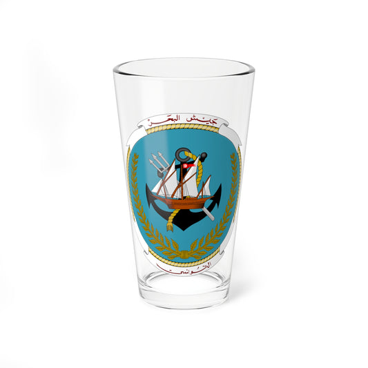 Naval badge with a ship, black anchor and trident on teal inside a gold laurel wreath, with Arabic banner text.