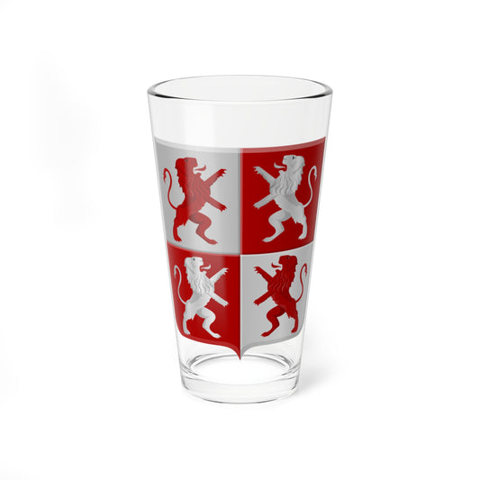 Four lions rampant in red and silver, each quarter bearing a lion in the opposite tincture on a heater shield.