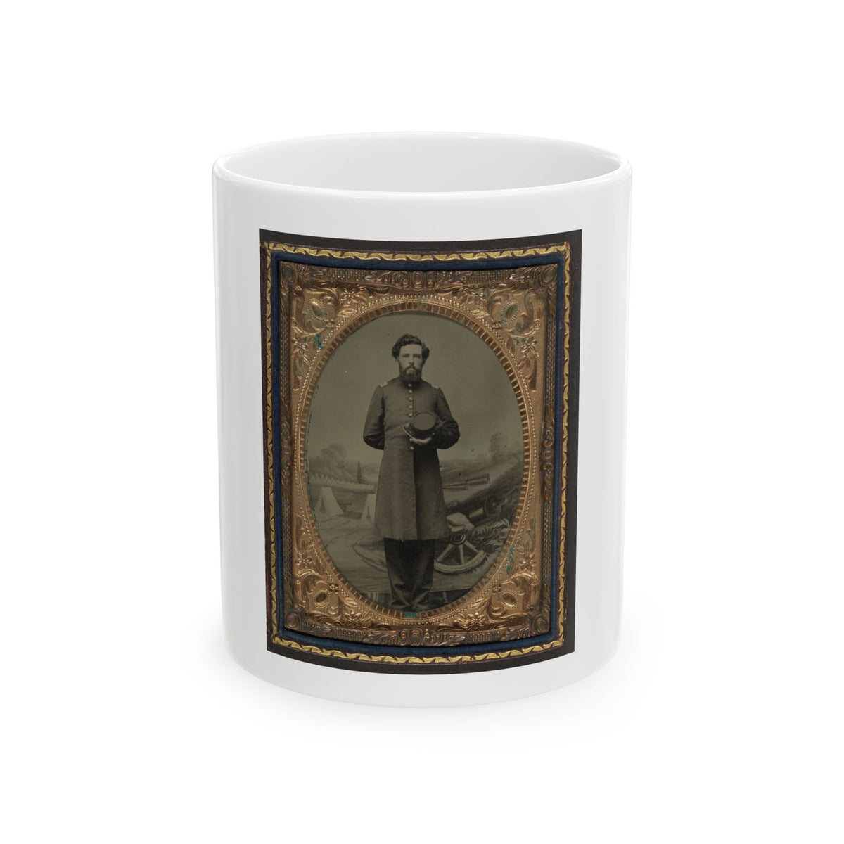 Unidentified Soldier In Union Frock Coat With Hat In Front Of Painted Backdrop Showing Military Camp Scene (U.S. Civil War) White Coffee Mug