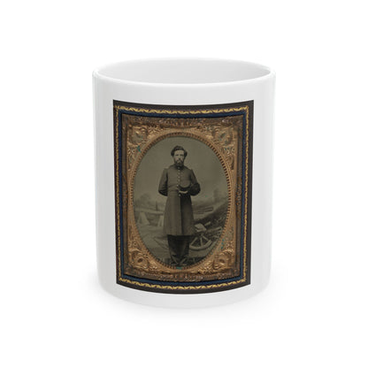 Unidentified Soldier In Union Frock Coat With Hat In Front Of Painted Backdrop Showing Military Camp Scene (U.S. Civil War) White Coffee Mug