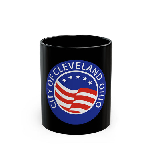 Blue circular City of Cleveland seal with white lettering around the rim and a red and white striped flag.