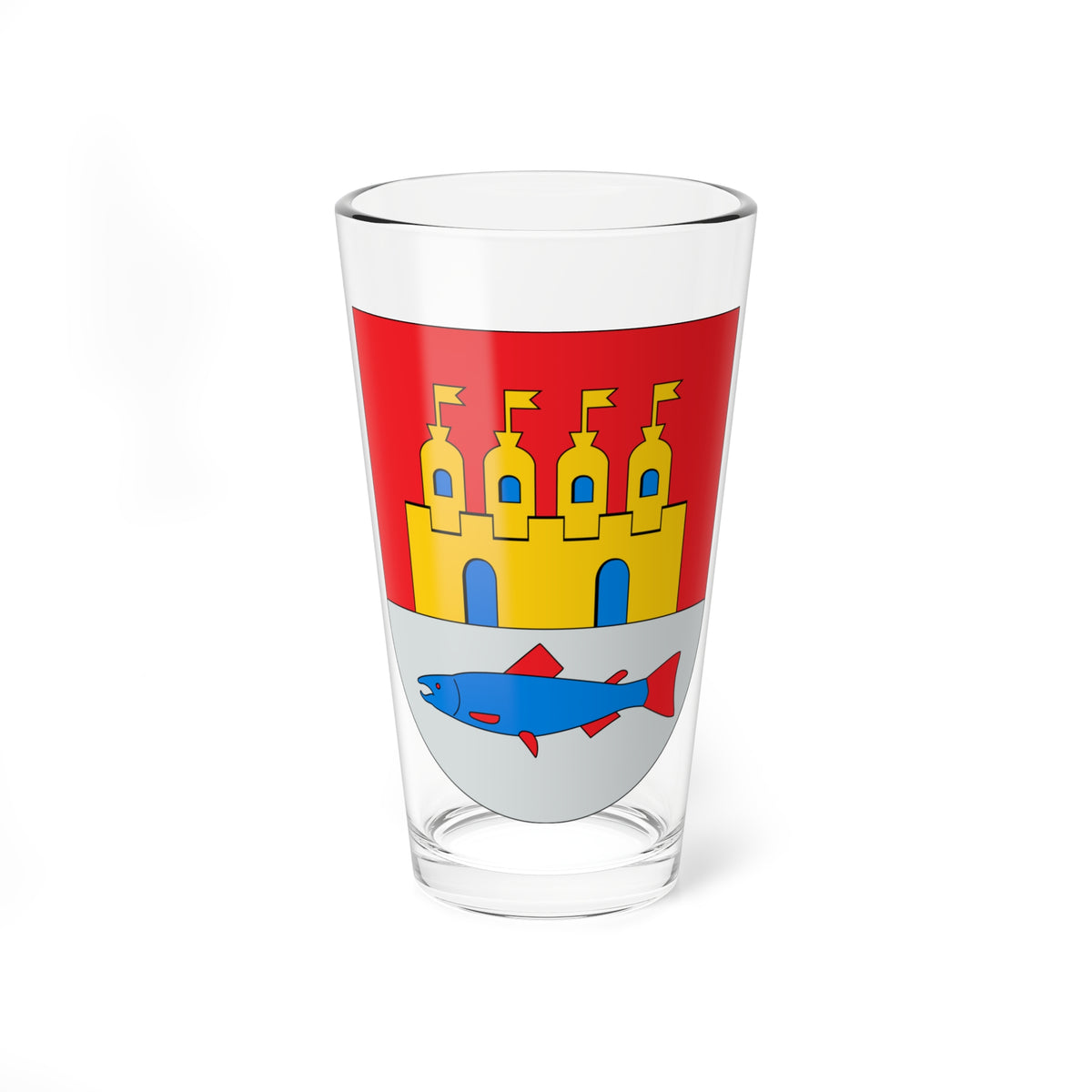 Gold four-towered castle with pennants above a blue fish on a red and grey heraldic shield.