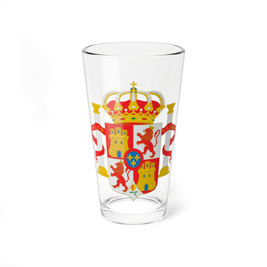 Spanish national coat of arms under a gold crown, with castle and lion quarters and a blue fleur-de-lis inescutcheon.