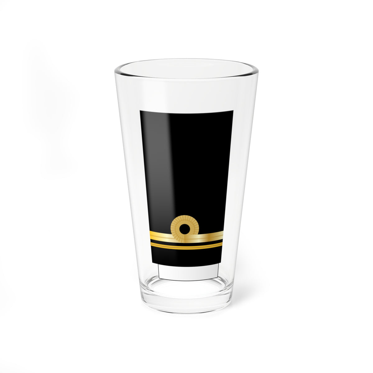 Black vertical badge with a gold rosette ring and gold horizontal stripes near the bottom, on a white tab.