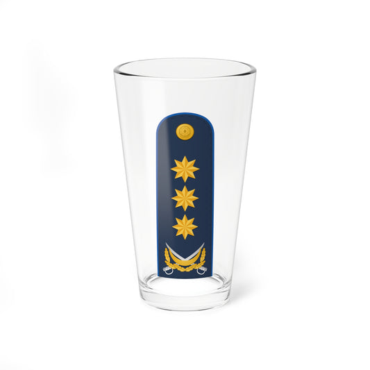 Tapered navy shoulder board with three gold eight-pointed stars and a gold crescent with crossed sabres over laurel.