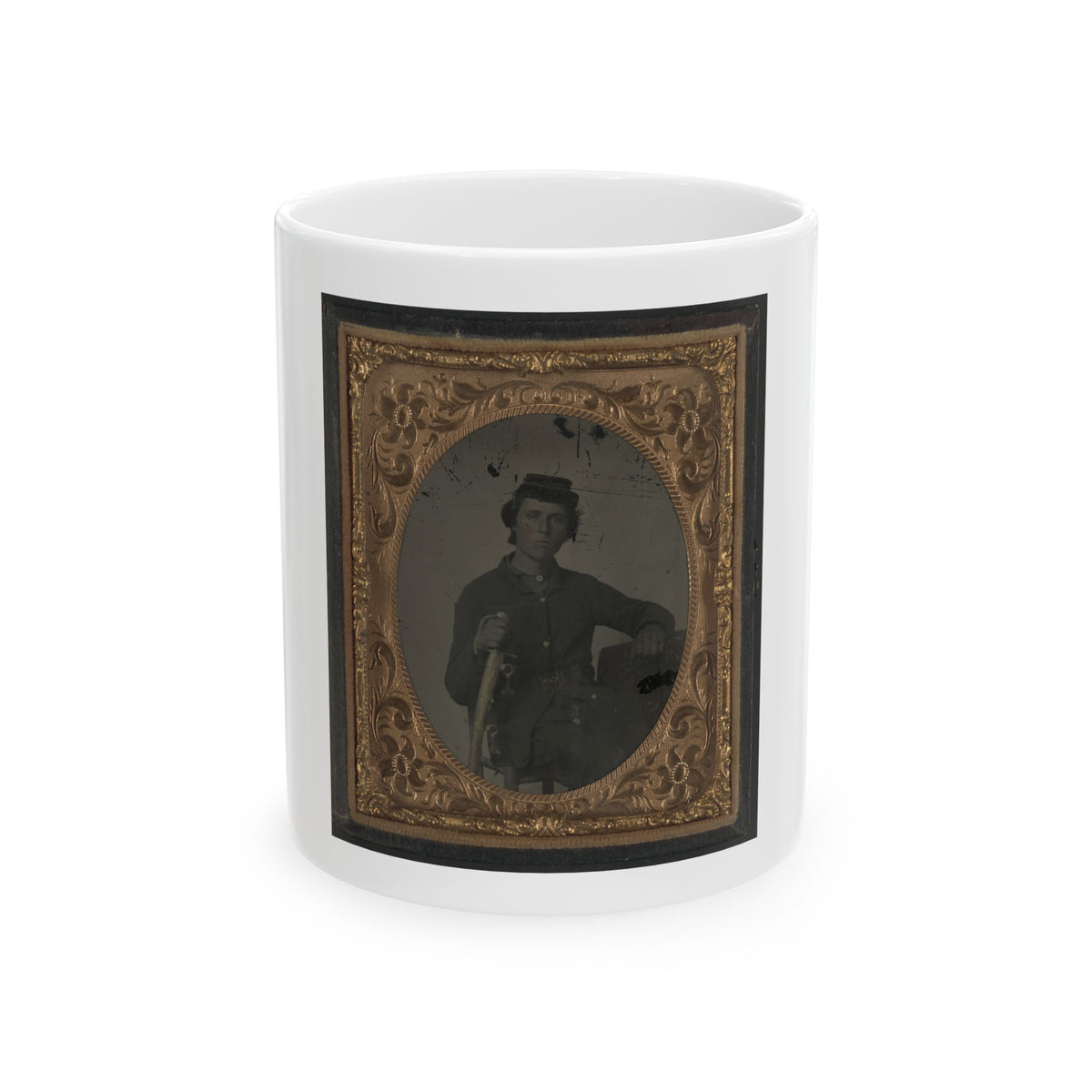 Unidentified Soldier In Confederate Uniform And Snake Belt Buckle With Sword (U.S. Civil War) White Coffee Mug