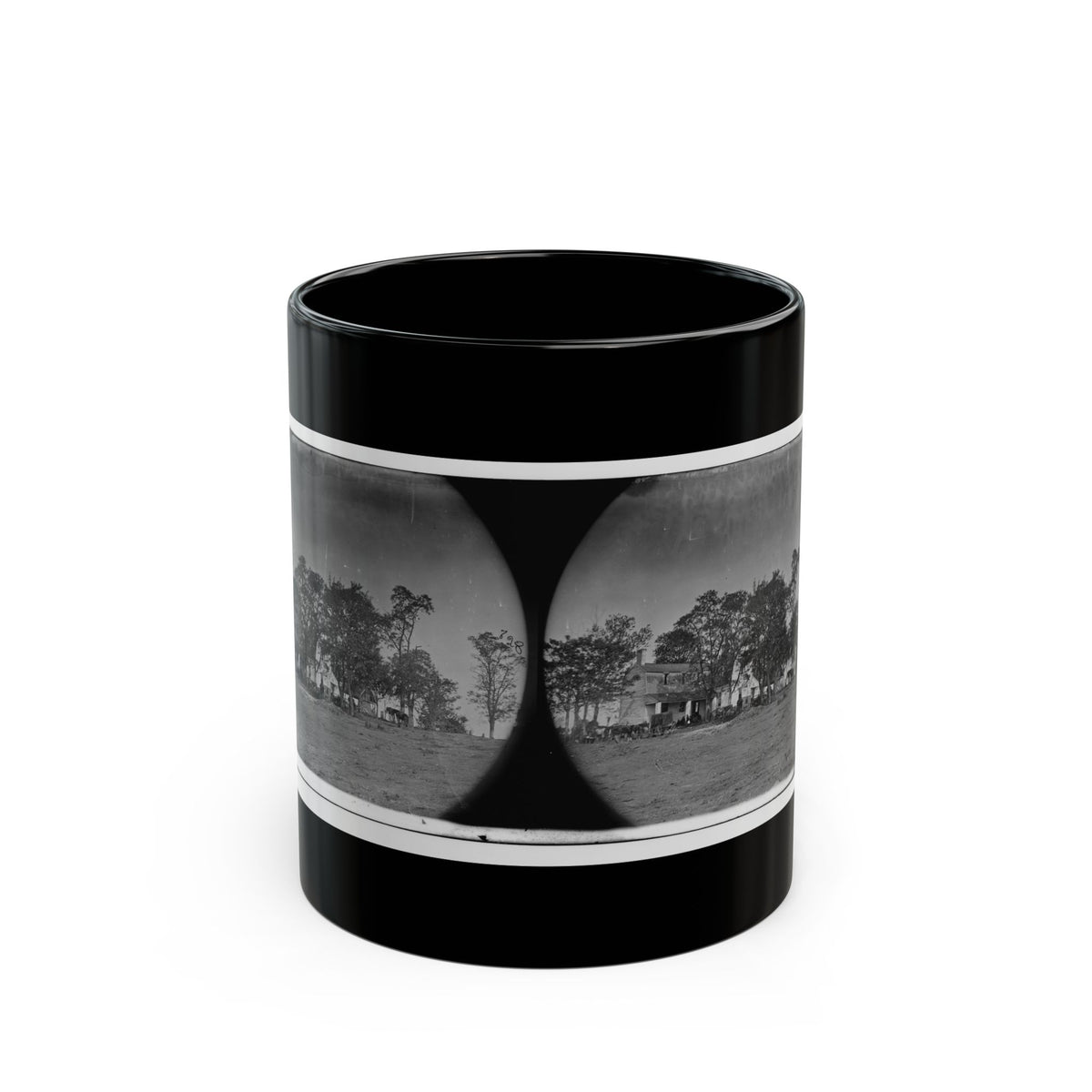 Black and white stereograph pair showing a farmhouse, trees and horses across a bare dirt field.