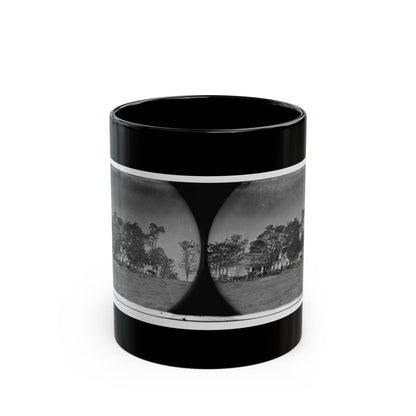 Black and white stereograph pair showing a farmhouse, trees and horses across a bare dirt field.