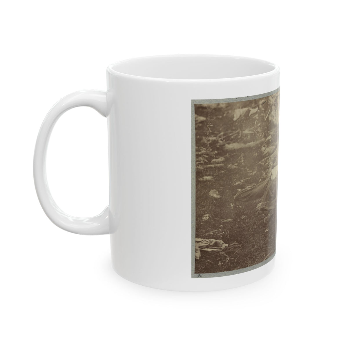 Battlefield Of Gettysburg. Dead Confederate Sharpshooter At Foot Of Little Round Top (U.S. Civil War) White Coffee Mug