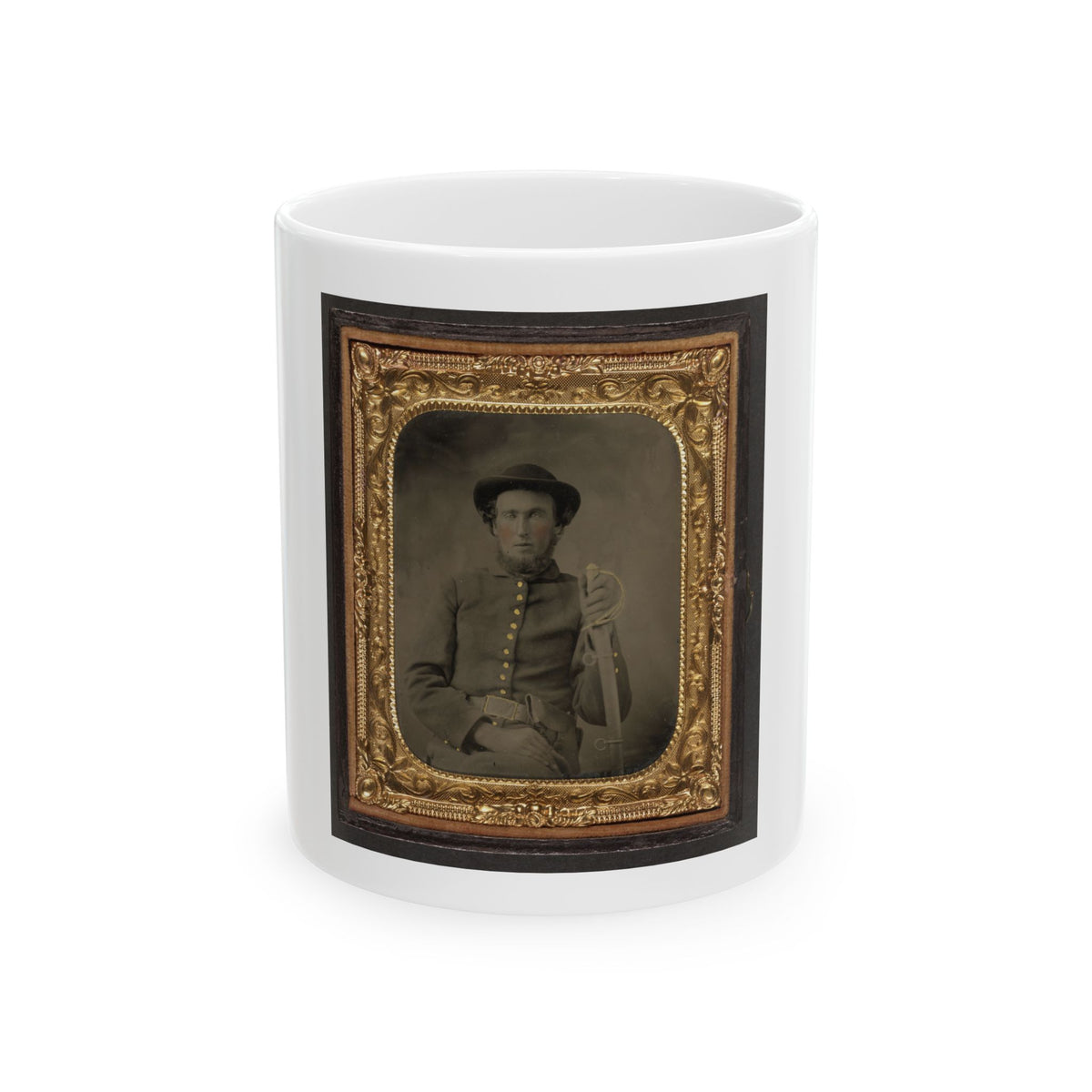 Unidentified Soldier In Union Uniform And Slouch Cap Sitting With Holstered Revolver And Cavalry Saber (U.S. Civil War) White Coffee Mug