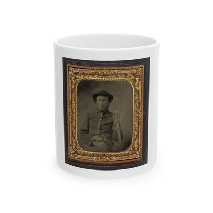 Unidentified Soldier In Union Uniform And Slouch Cap Sitting With Holstered Revolver And Cavalry Saber (U.S. Civil War) White Coffee Mug