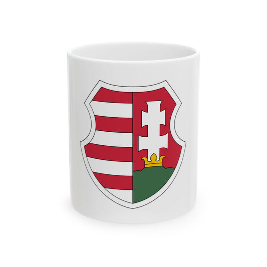 Red and white striped heraldic shield with a large white cross, a gold crown and a green mound at its base.