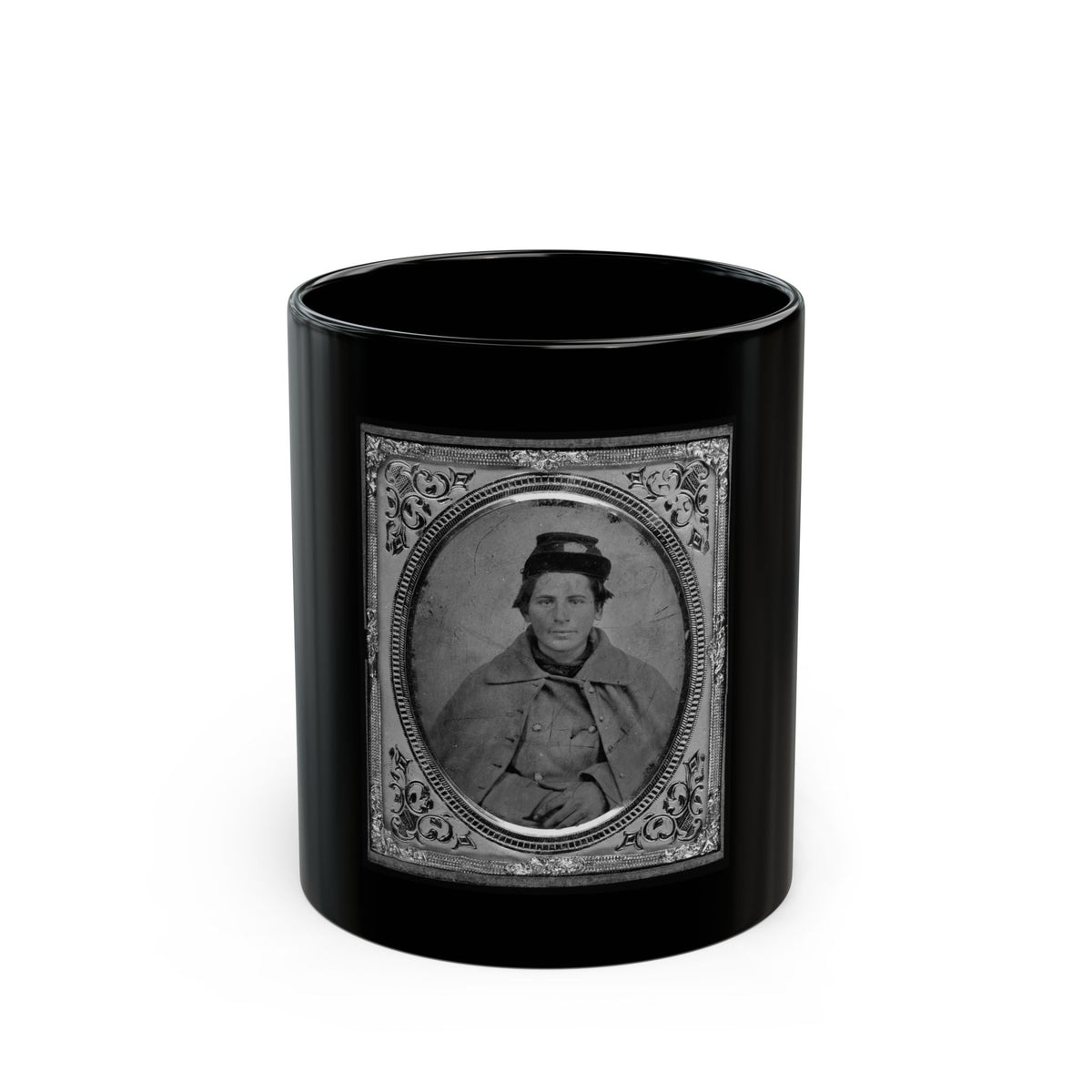 Jonas Nathan Shuler, Private, 10th Ill. Cav., U.S.A., Half-Length Portrait, Seated, Facing Front (U.S. Civil War) Black Coffee Mug