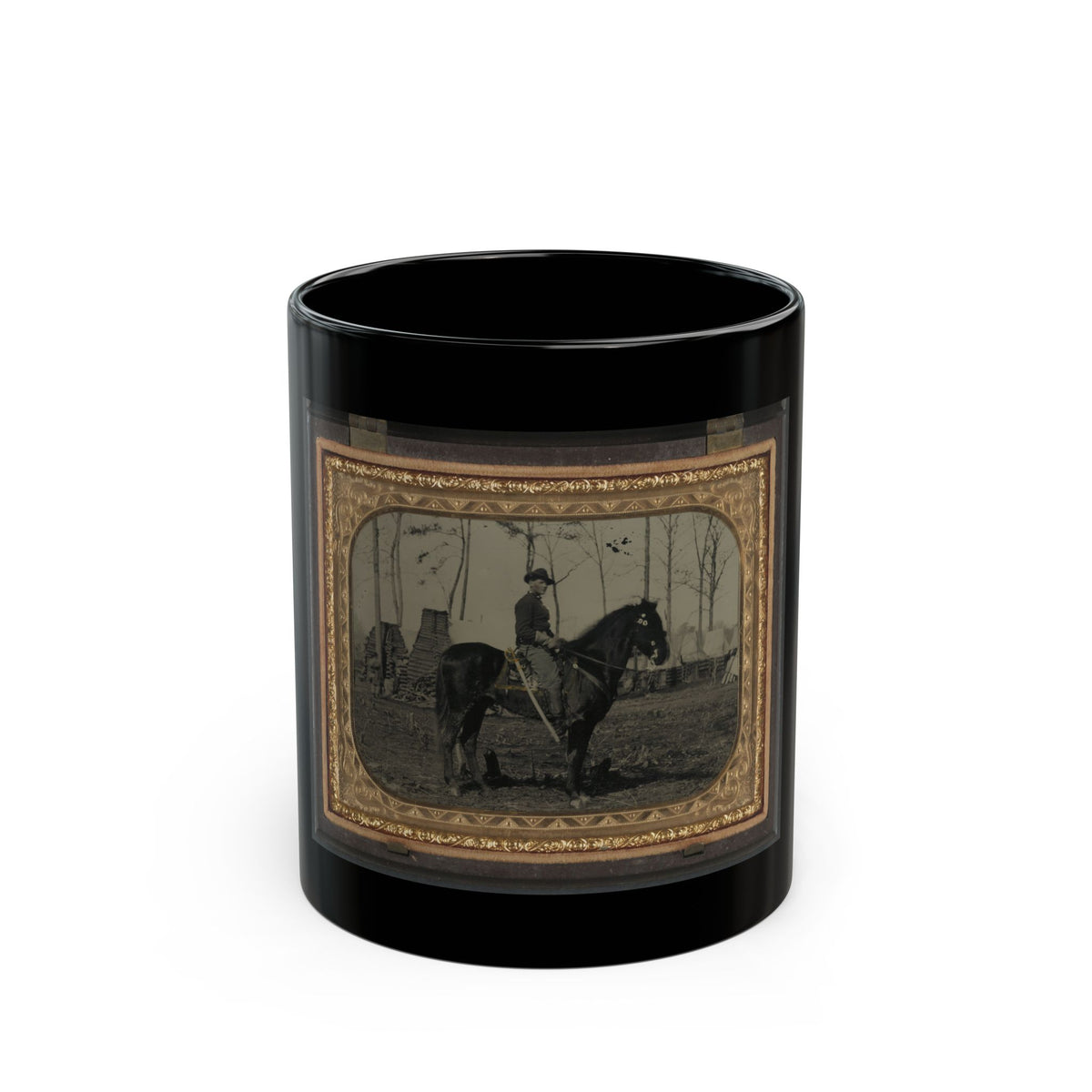 Sepia print of a mounted soldier with a sabre on a dark horse, in a military camp with log huts and tents.