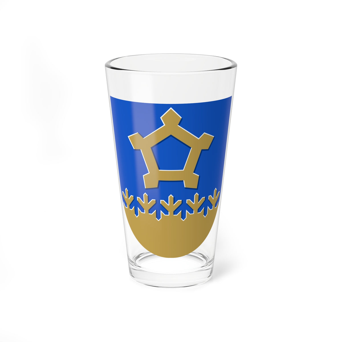 A gold pentagonal frame with outward tabs above a row of five gold sprigs on a blue shield.