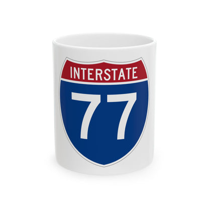 Flat vector US Interstate 77 route shield: white INTERSTATE above the number 77, set on navy blue.