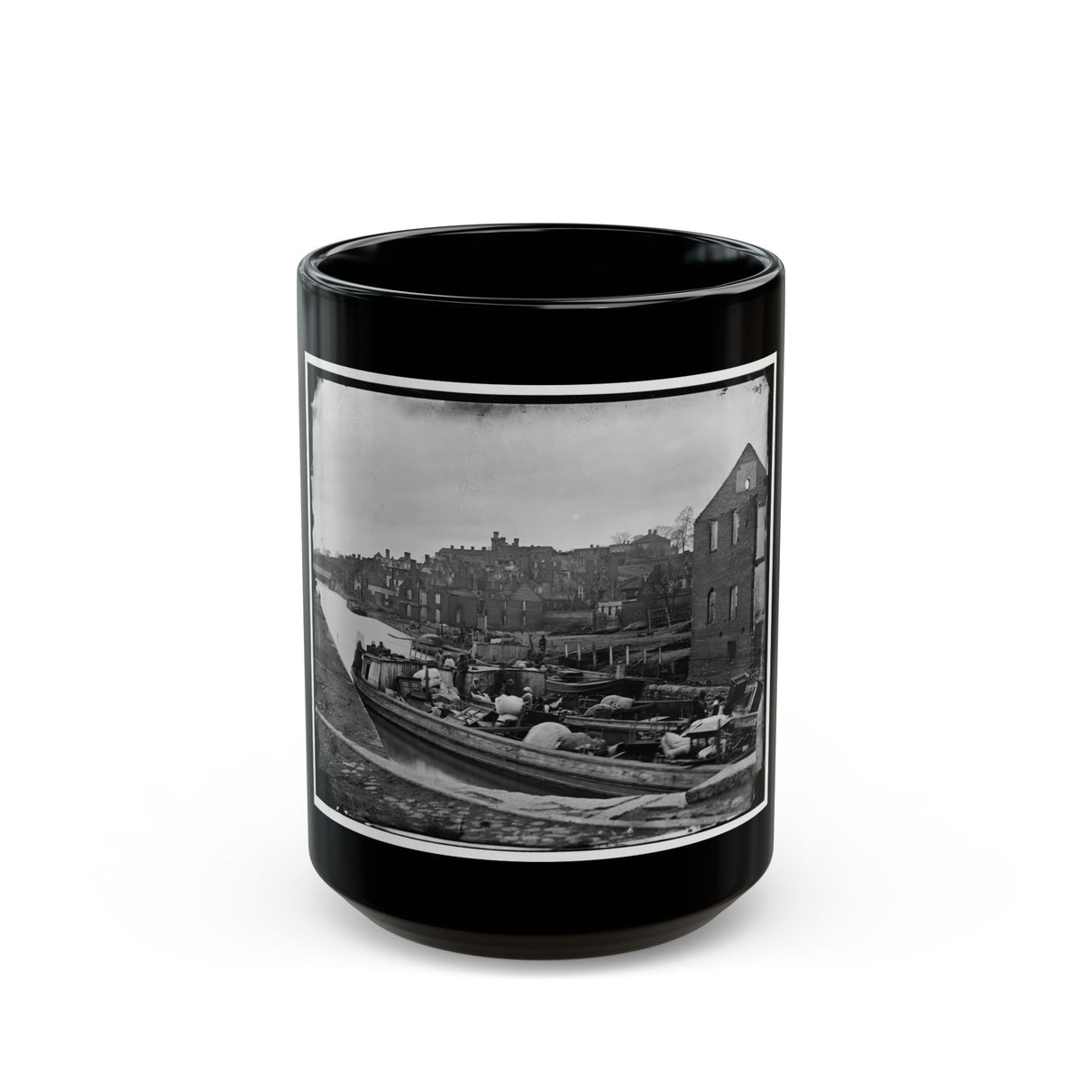 Richmond, Va. Barges With African Americans On The Canal; Ruined Buildings Beyond (U.S. Civil War) Black Coffee Mug