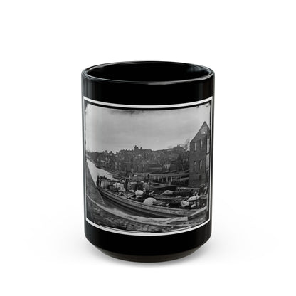 Richmond, Va. Barges With African Americans On The Canal; Ruined Buildings Beyond (U.S. Civil War) Black Coffee Mug