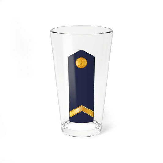 Navy pointed shoulder board with a gold laurel-wreathed crown badge at top and one gold chevron near the bottom.
