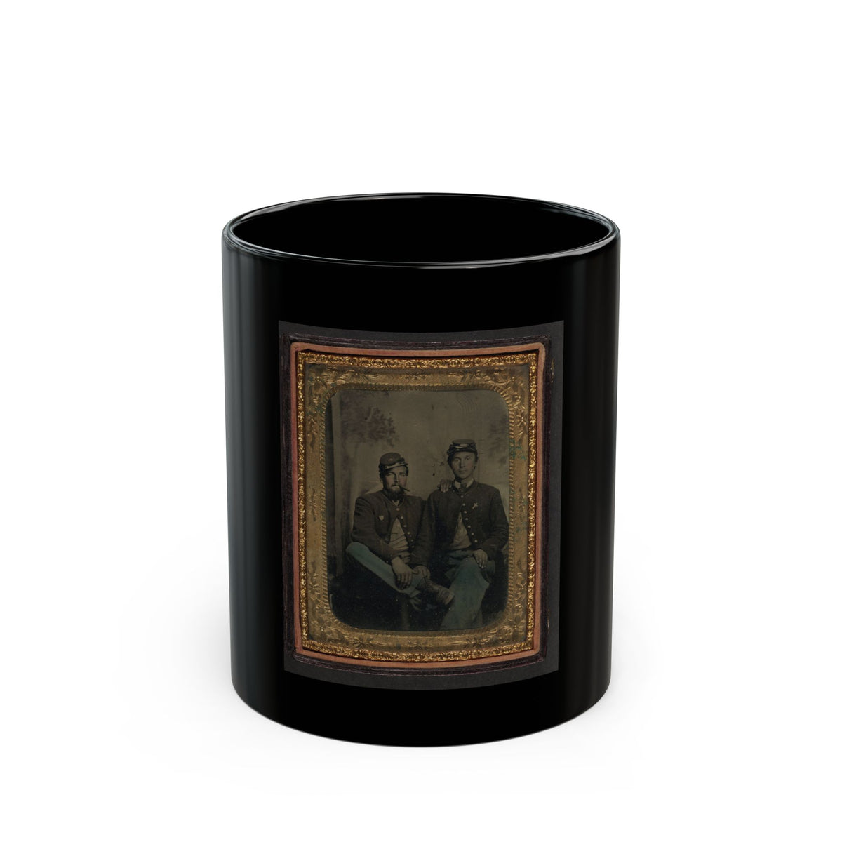 Two Unidentified Soldiers In Union Uniforms In Front Of Painted Backdrop Showing Trees (U.S. Civil War) Black Coffee Mug