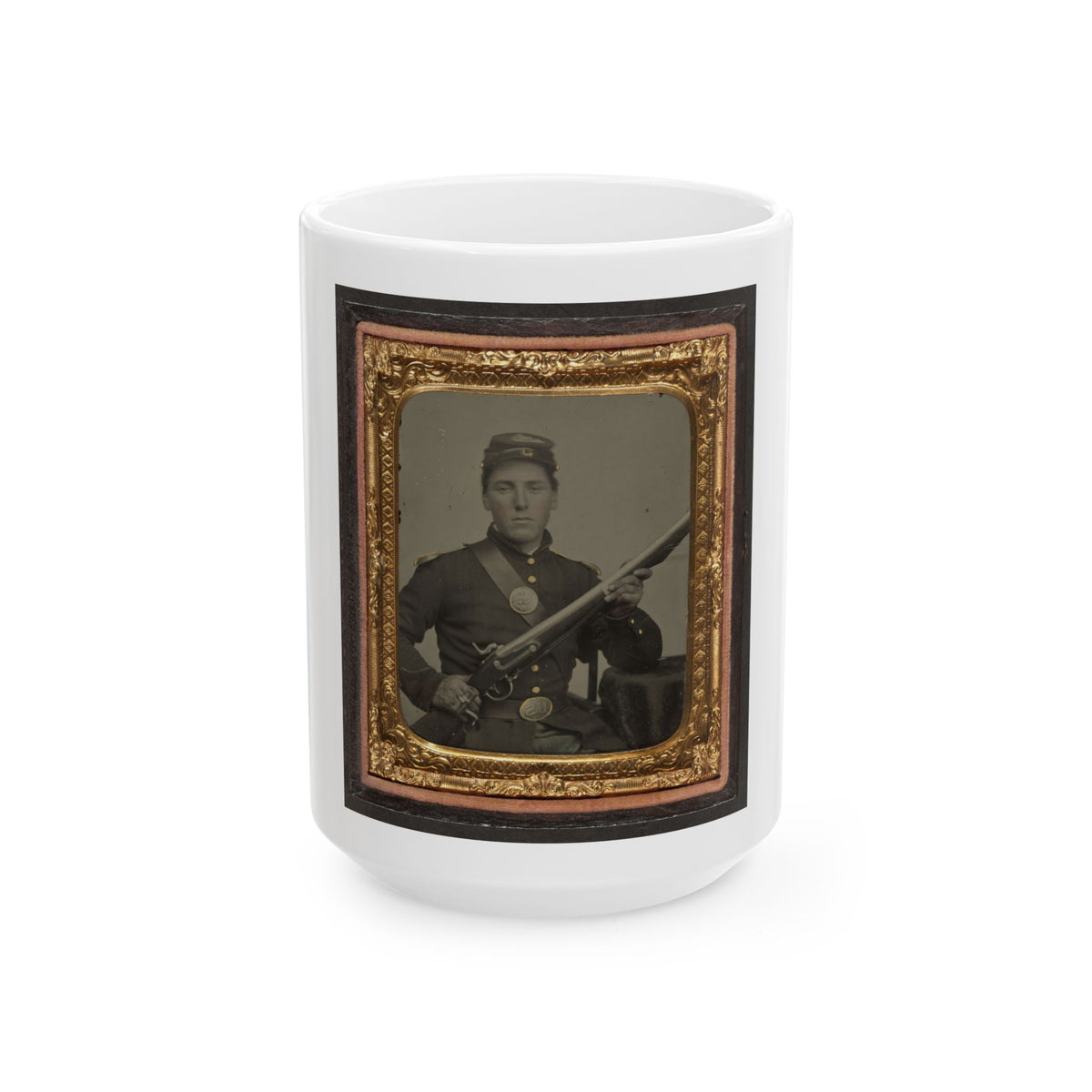 James Mcgrail In Union Uniform With Shoulder Scales And Eagle Breast Plate Sitting With A Musket And Bayonet In Scabbard (U.S. Civil War) White Coffee Mug