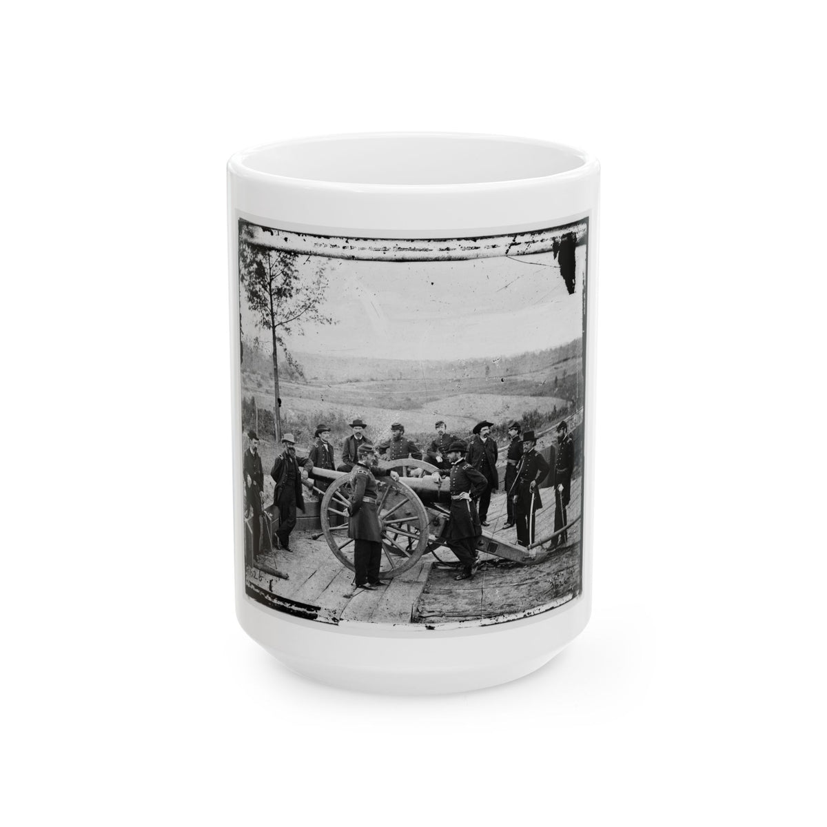 Atlanta, Ga. Gen. William T. Sherman, Leaning On Breach Of Gun, And Staff At Federal Fort No. 7 (U.S. Civil War) White Coffee Mug