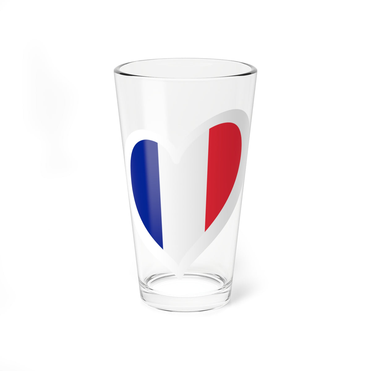 Heart filled with vertical royal blue, white and bright red stripes on a plain white background.