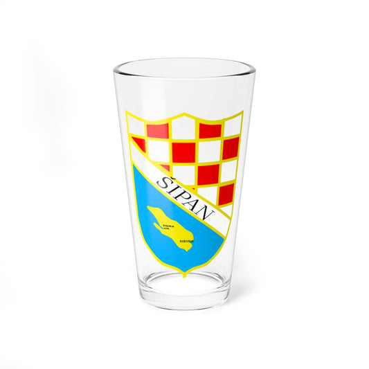 Heater-shaped coat of arms with red and white checks above a yellow island map on blue and a diagonal ŠIPAN banner.
