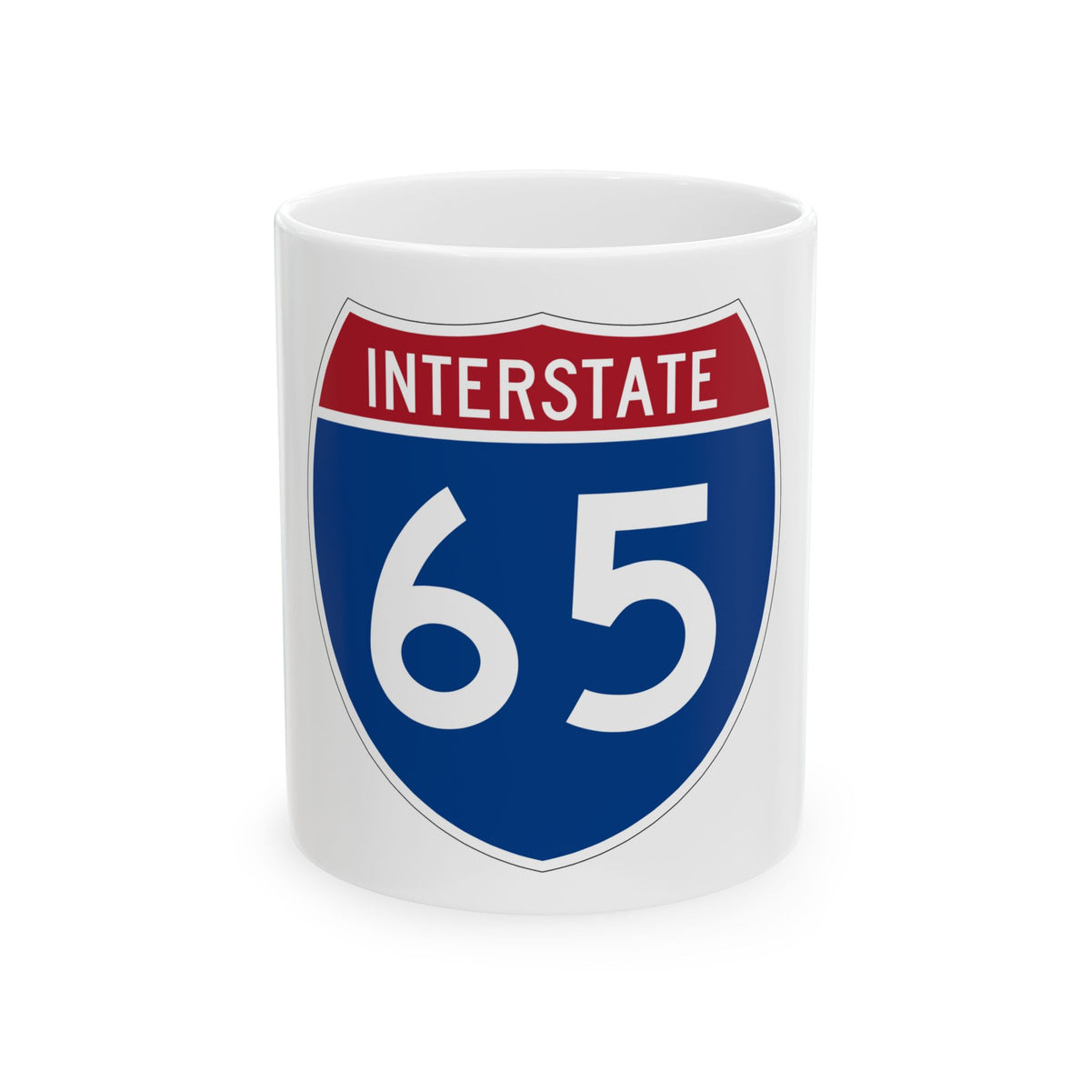 Blue Interstate 65 shield with a red band reading INTERSTATE and the number 65 in large white digits.