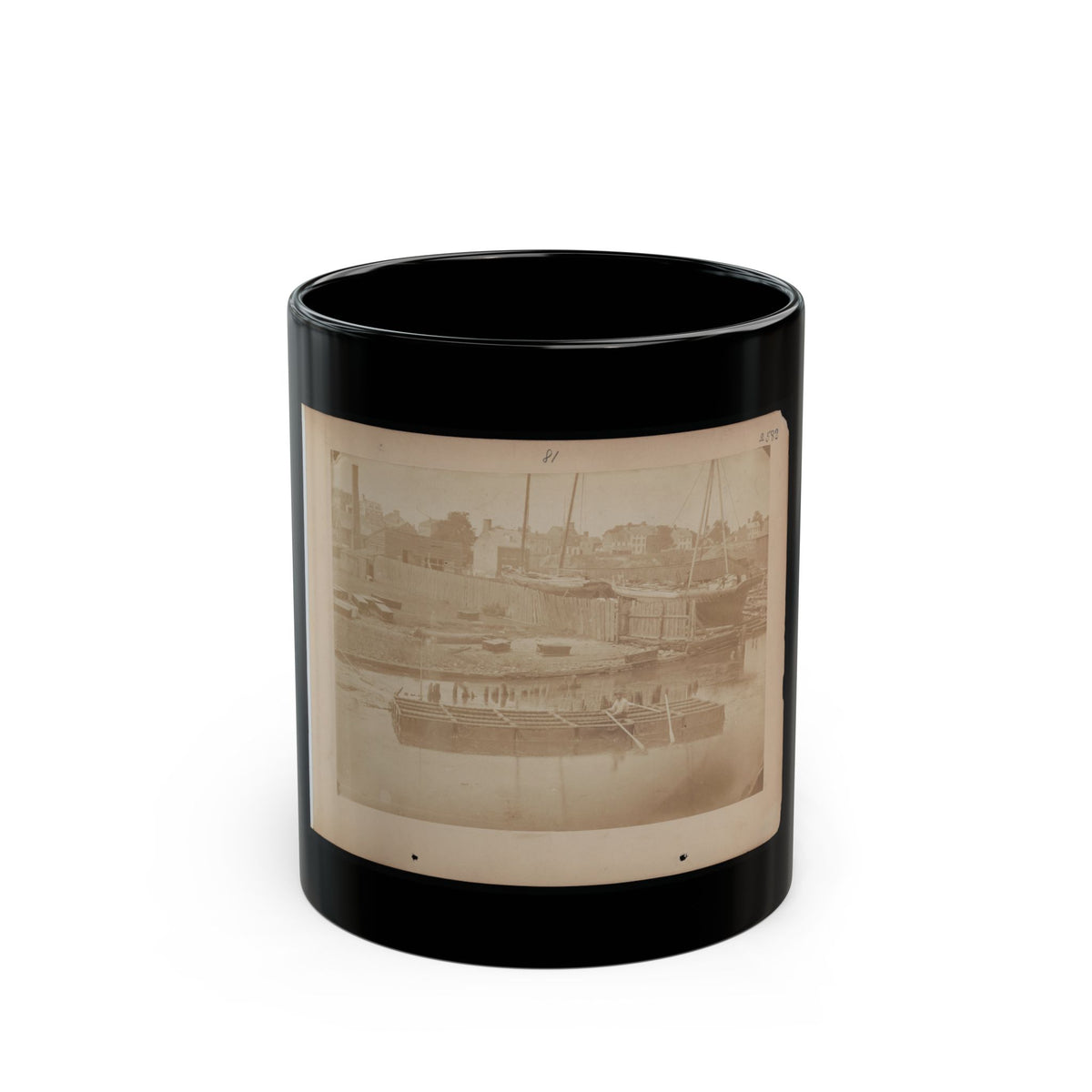 Military Construction In Northern Virginia  Man Rowing Raft Of Blanket Boats On The Potomac River (U.S. Civil War) Black Coffee Mug