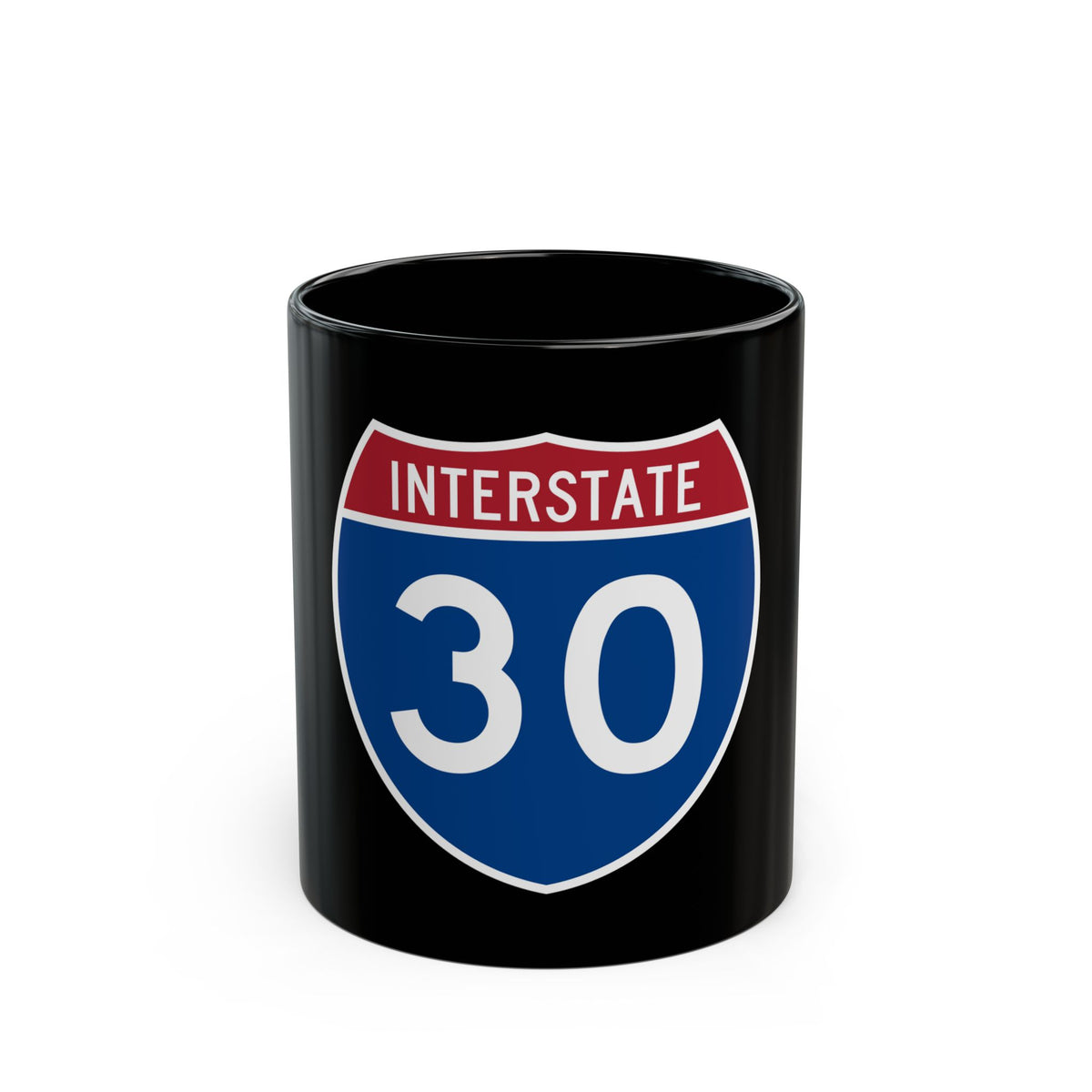 Blue Interstate highway shield with INTERSTATE across a top band and route 30 in white block letters.