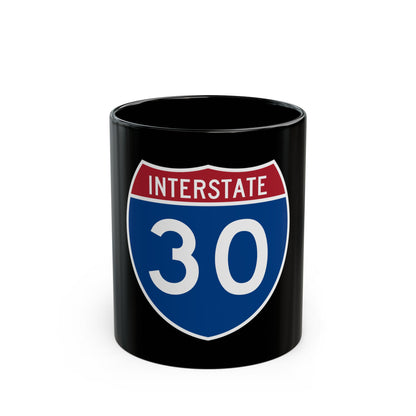 Blue Interstate highway shield with INTERSTATE across a top band and route 30 in white block letters.