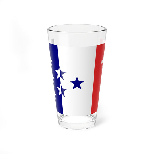 Vertical flag of navy blue, white and red bands, with six stars across the blue band and a cross on the red band.