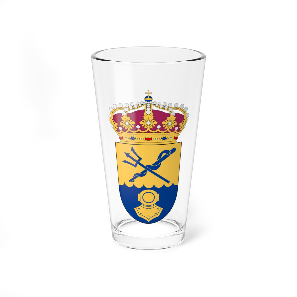 Heraldic coat of arms with a royal crown over a gold shield showing a crossed trident and oar above wavy sea.