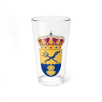 Heraldic coat of arms with a royal crown over a gold shield showing a crossed trident and oar above wavy sea.