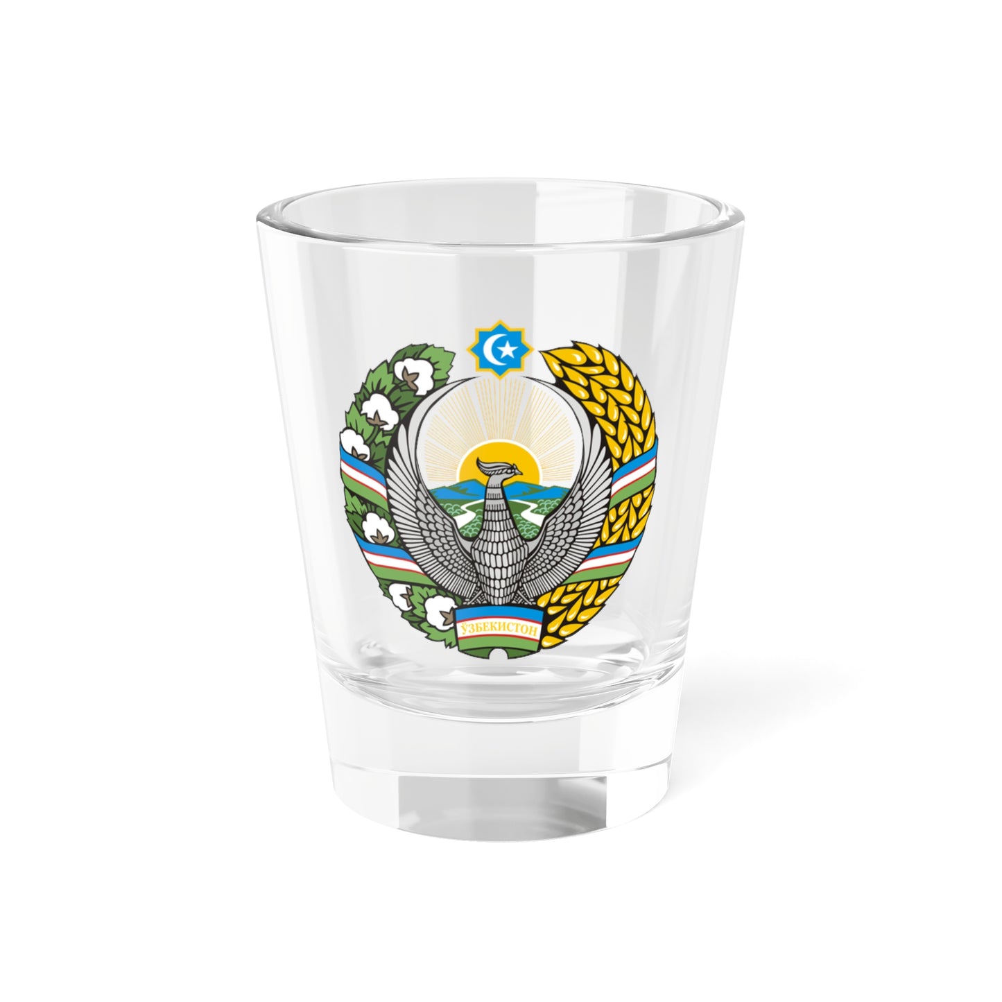 Gerb Uzbekistan cyrillic (Uzbekistan) (Coat of Arms) Shot Glass 1.5oz
