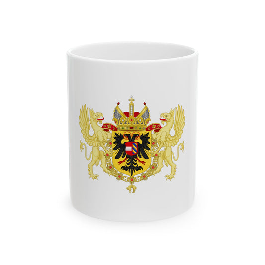 Two gold winged griffins flank a gold shield bearing a black double-headed eagle, with an imperial crown above.