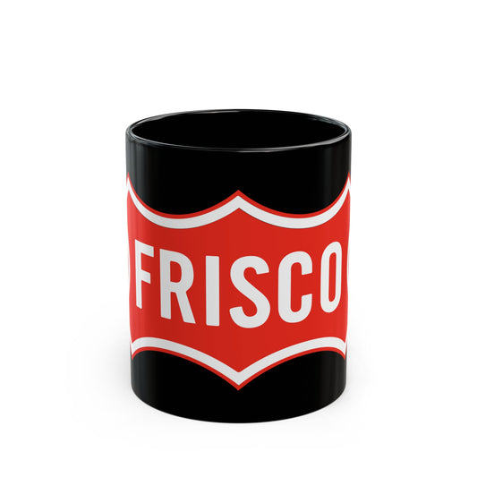 Red and white wavy-edged badge bearing the word FRISCO in bold white capitals, in a vintage railroad style.