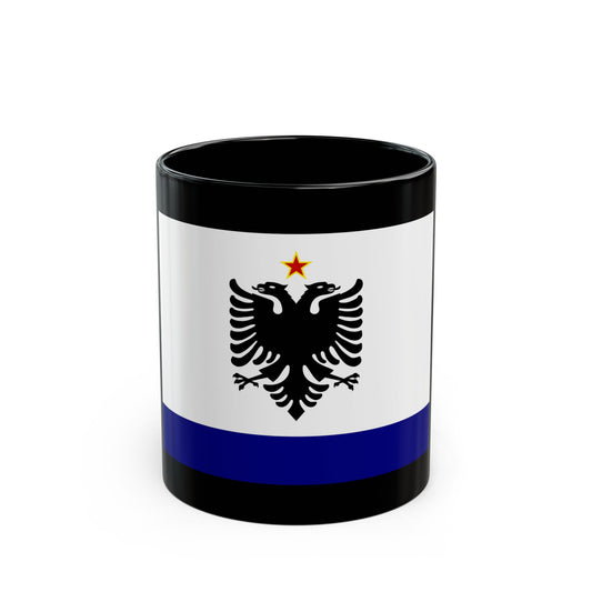 Black double-headed eagle beneath a small red star on a white field, with a navy band along the bottom edge.