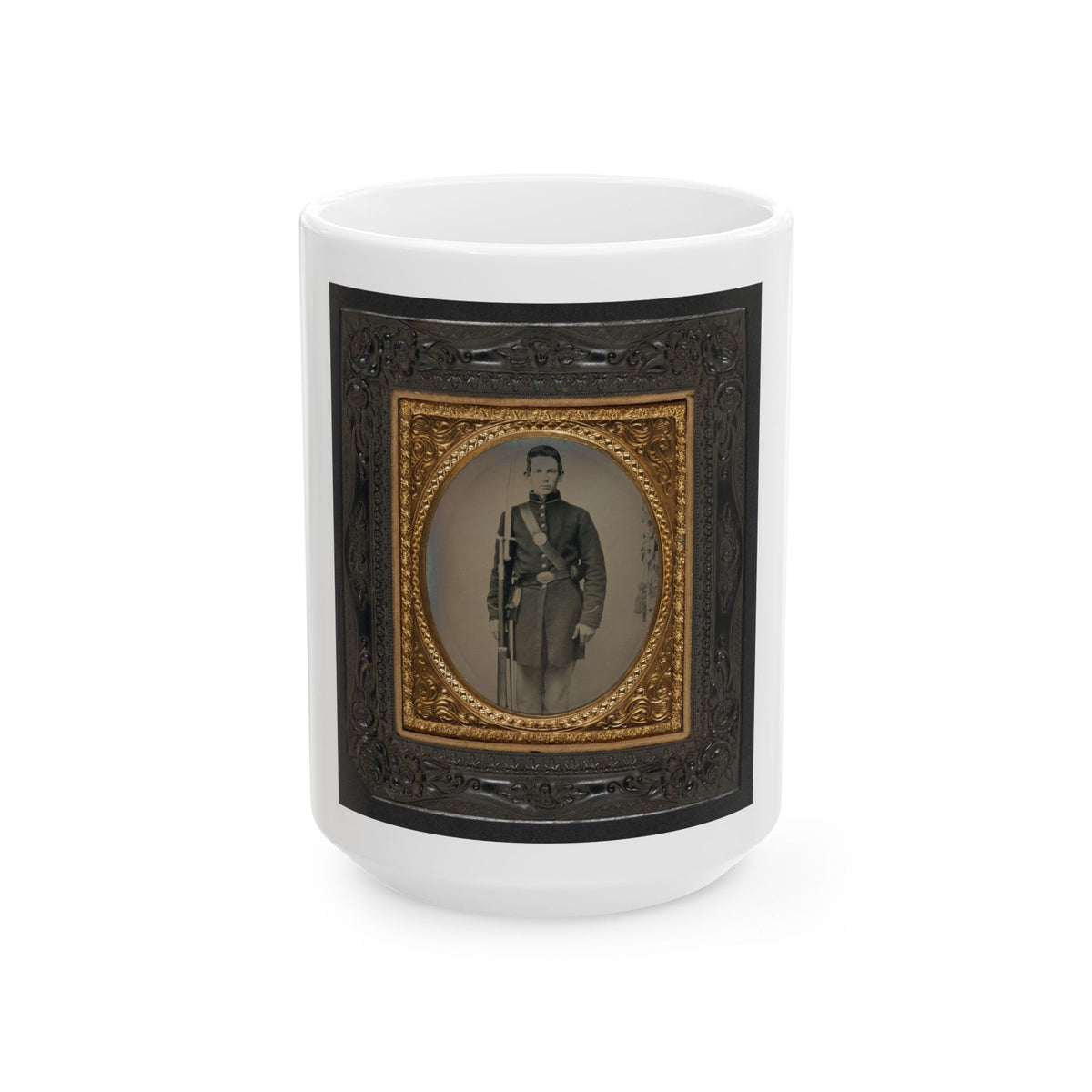 Unidentified Soldier In Union Frock Coat With Musket And Attached Sword Bayonet (U.S. Civil War) White Coffee Mug