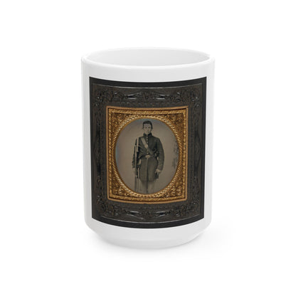 Unidentified Soldier In Union Frock Coat With Musket And Attached Sword Bayonet (U.S. Civil War) White Coffee Mug