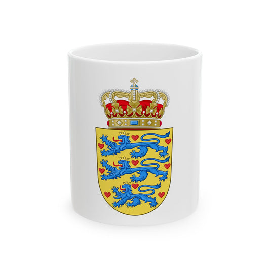 Royal coat of arms with three blue crowned lions and red hearts on a gold shield, under a red and gold crown.