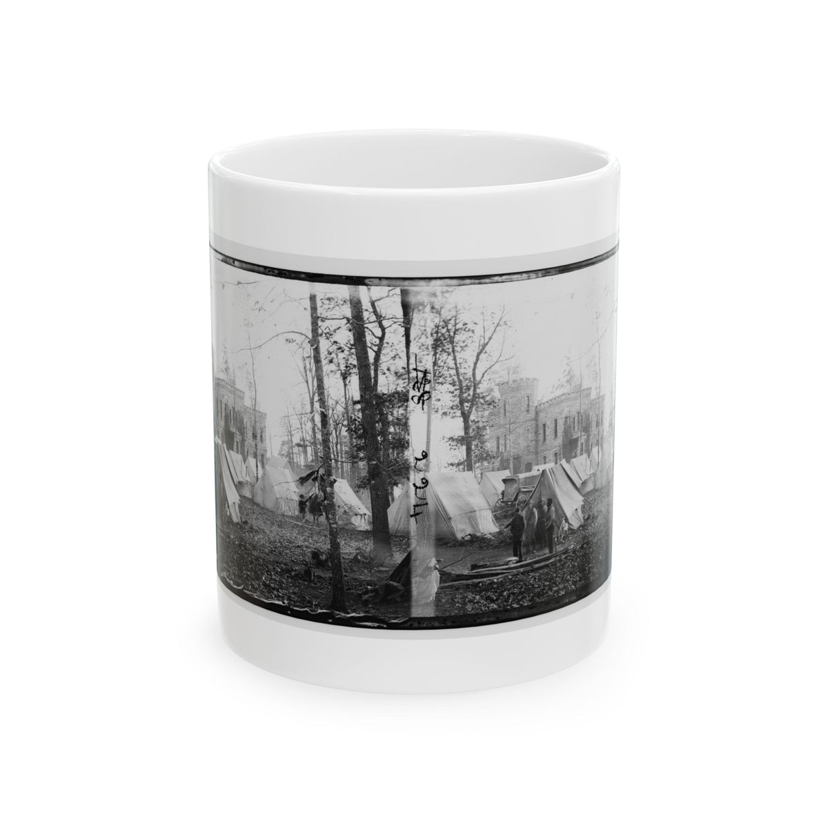 Black-and-white 1860s stereograph of a wooded military tent camp with soldiers and a stone building behind.
