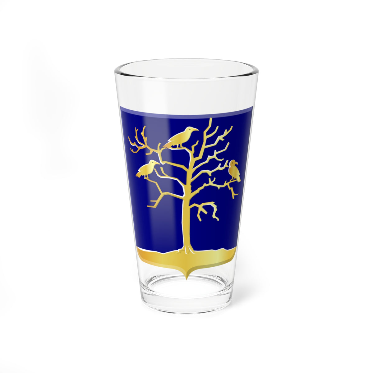 Navy heraldic shield with a bare gold tree whose branches hold three perched birds, rooted on a mound.